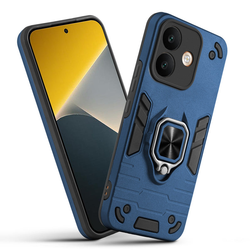 Front and back view of POCO X8 5G fitted with a protective case and ring grip