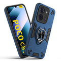 Front and back view of Poco C85 5G fitted with a protective case and ring grip
