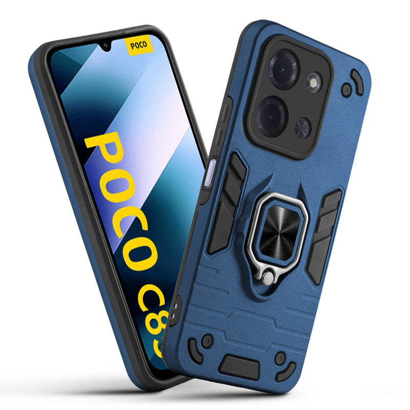 Front and back view of Poco C85 5G fitted with a protective case and ring grip