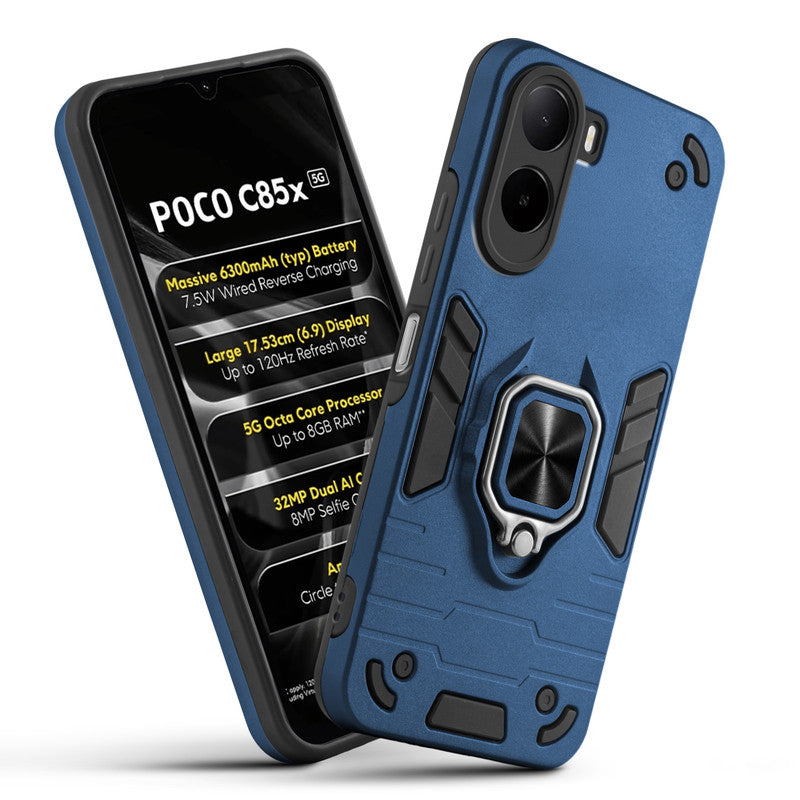 Front and back view of Poco C85x 5G fitted with a protective case and ring grip