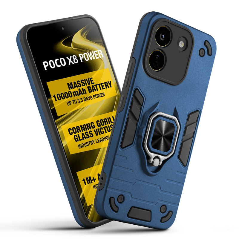 Front and back view of Poco X8 Power 5G fitted with a protective case and ring grip