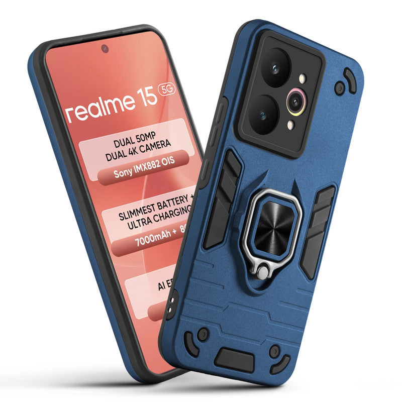 Front and back view of Realme 15 5G fitted with a protective case and ring grip