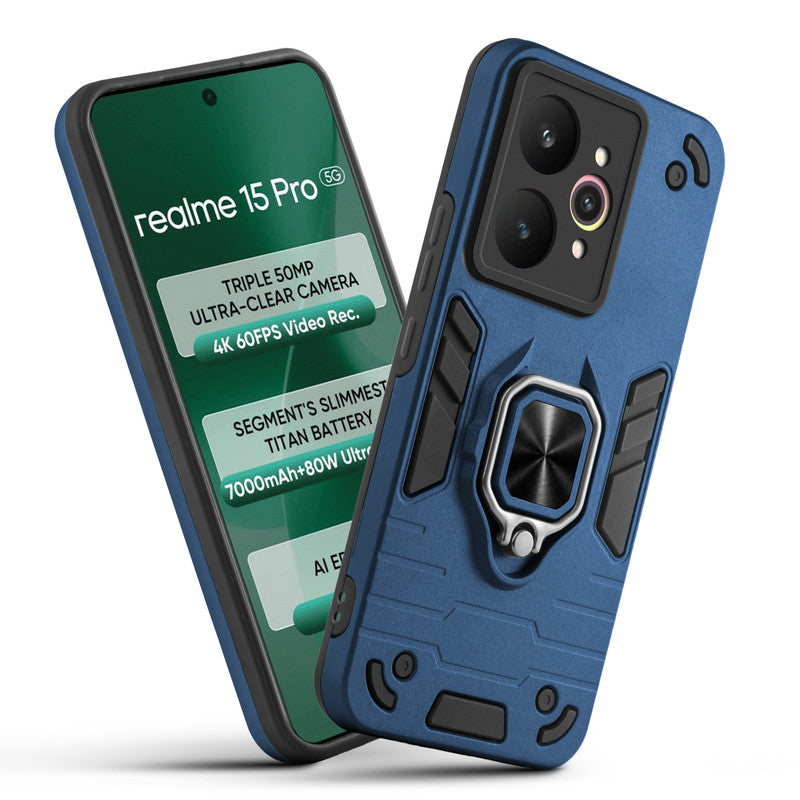 Front and back view of Realme 15 Pro 5G fitted with a protective case and ring grip