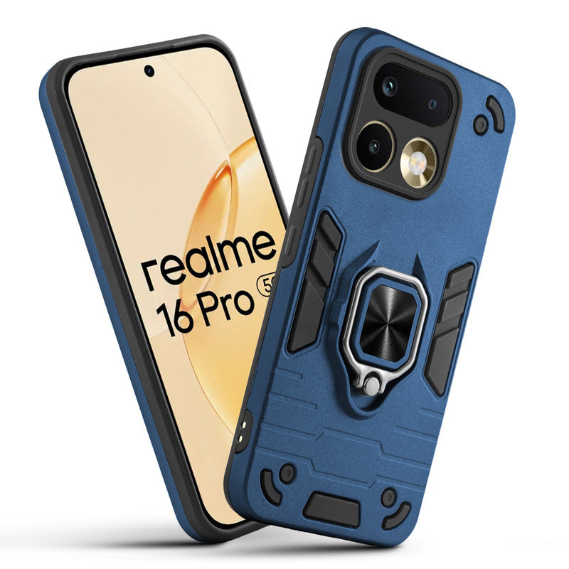 Front and back view of Realme 16 Pro 5G fitted with a protective case and ring grip