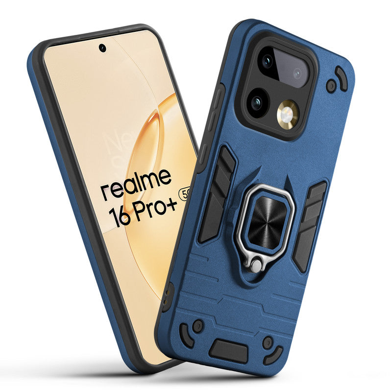Front and back view of Realme 16 Pro Plus 5G fitted with a protective case and ring grip