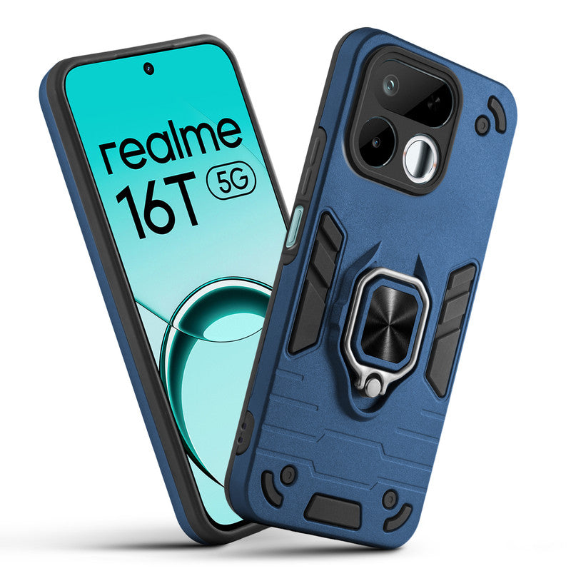 Front and back view of Realme 16T 5G fitted with a protective case and ring grip