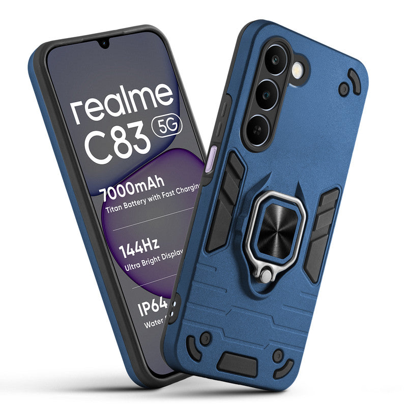 Front and back view of Realme C83 5G fitted with a protective case and ring grip