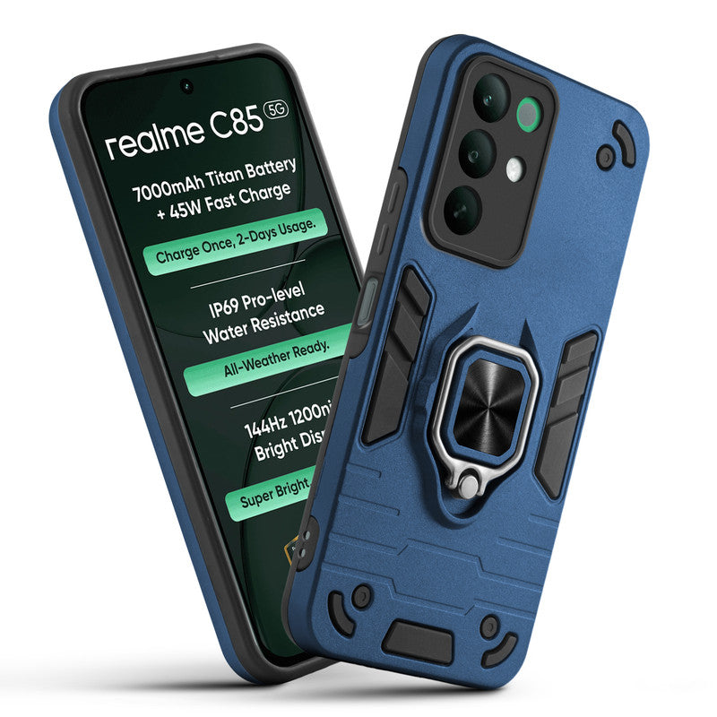Front and back view of Realme C85 5G fitted with a protective case and ring grip
