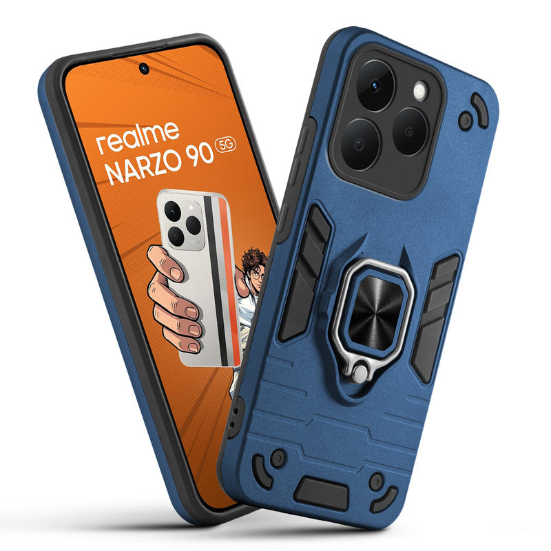 Front and back view of Realme Narzo 90 5G fitted with a protective case and ring grip