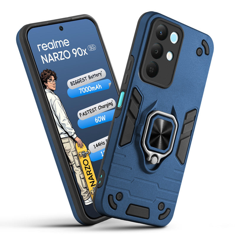 Front and back view of Realme Narzo 90x 5G fitted with a protective case and ring grip