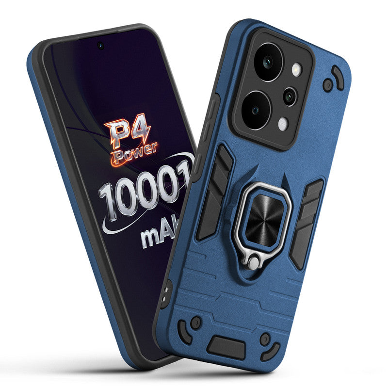 Front and back view of Realme P4 Power 5G fitted with a protective case and ring grip