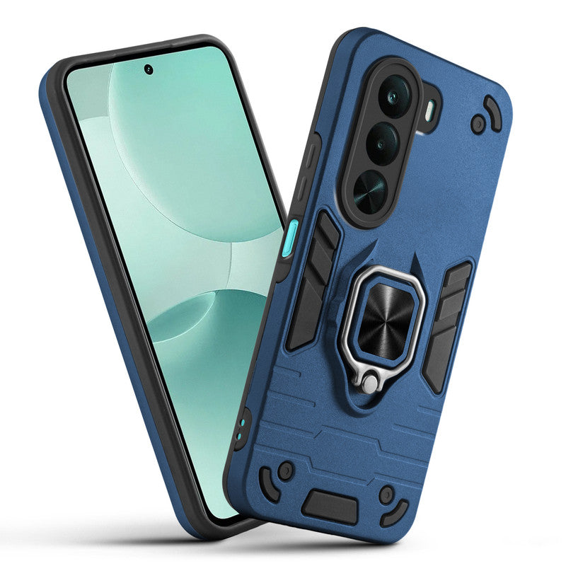 Front and back view of Realme P4x 5G fitted with a protective case and ring grip
