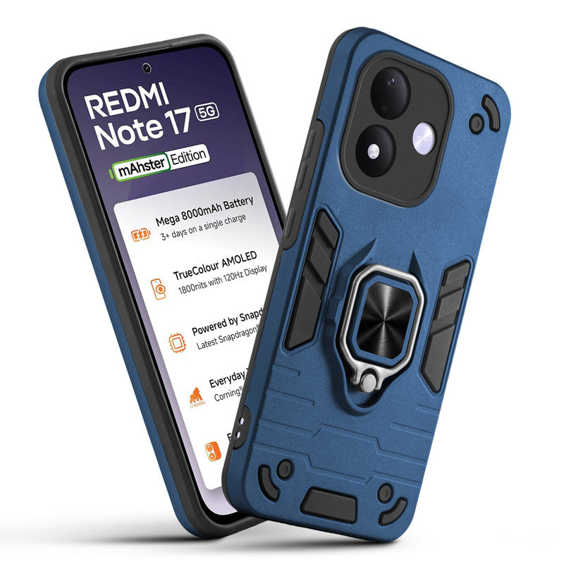 Front and back view of Redmi Note 17 5G fitted with a protective case and ring grip