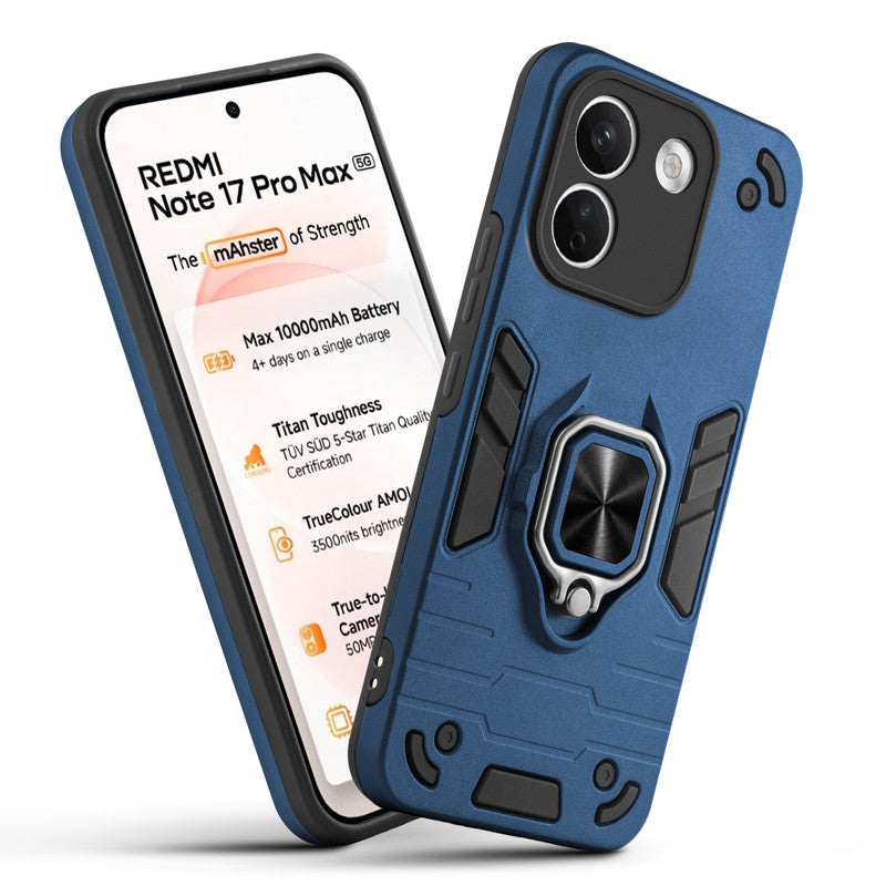 Front and back view of Redmi Note 17 Pro Max 5G fitted with a protective case and ring grip
