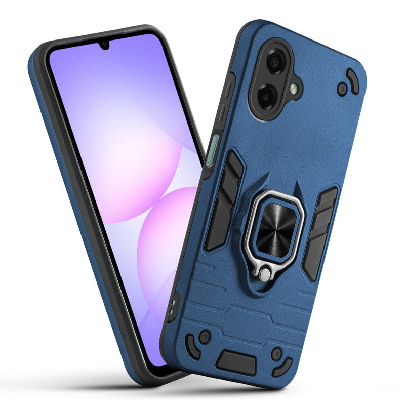 Front and back view of Samsung A07 5G fitted with a protective case and ring grip