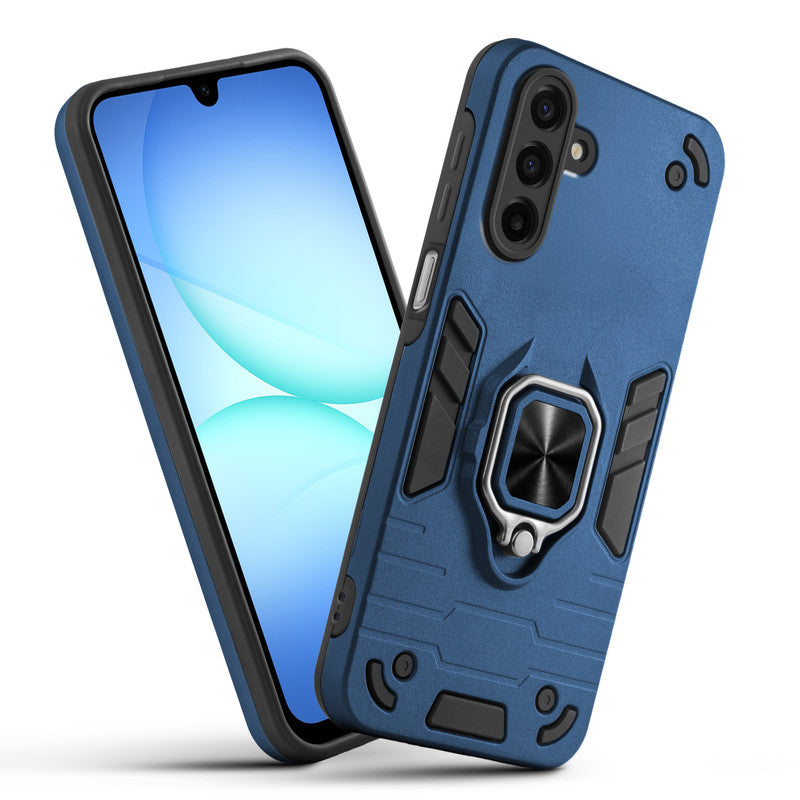 Front and back view of Samsung A17 5G fitted with a protective case and ring grip