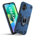 Front and back view of Samsung F07 fitted with a protective case and ring grip