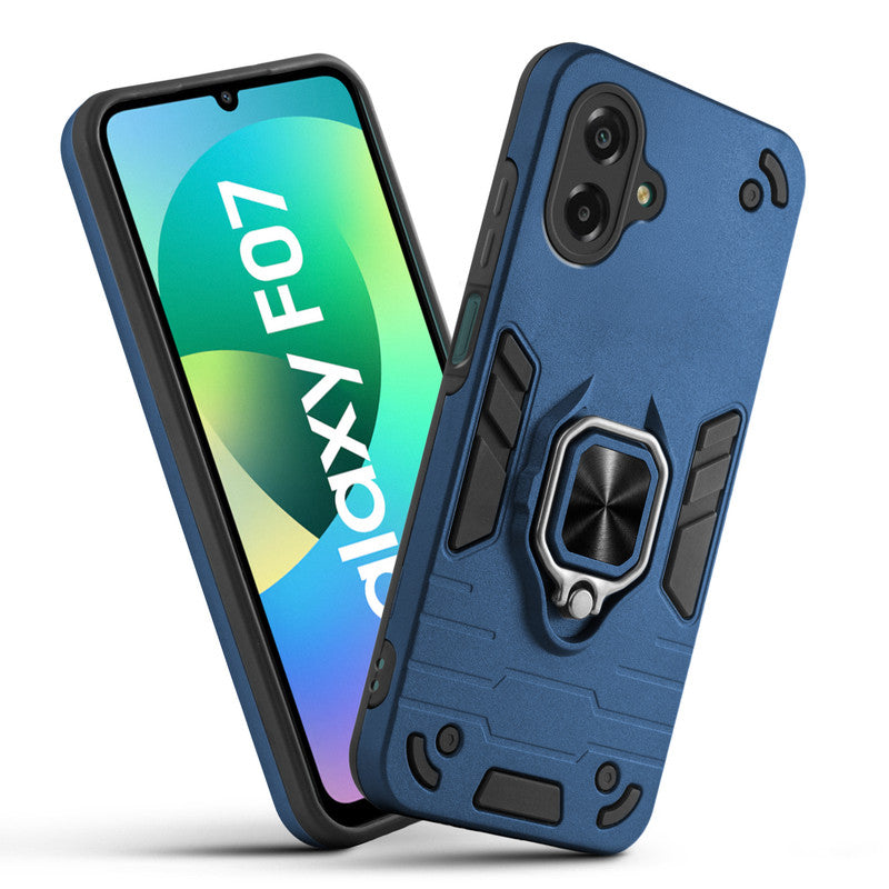 Front and back view of Samsung F07 fitted with a protective case and ring grip