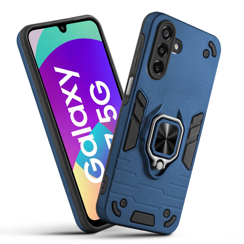 Front and back view of Samsung F17 5G fitted with a protective case and ring grip
