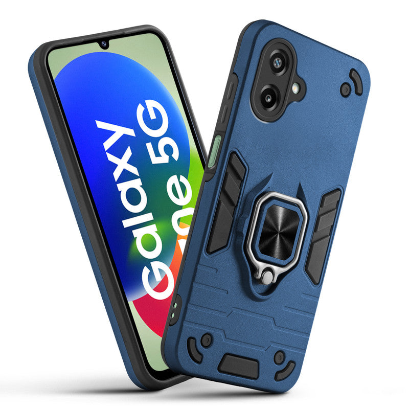 Front and back view of Samsung F70e 5G fitted with a protective case and ring grip