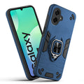 Front and back view of Samsung M07 fitted with a protective case and ring grip