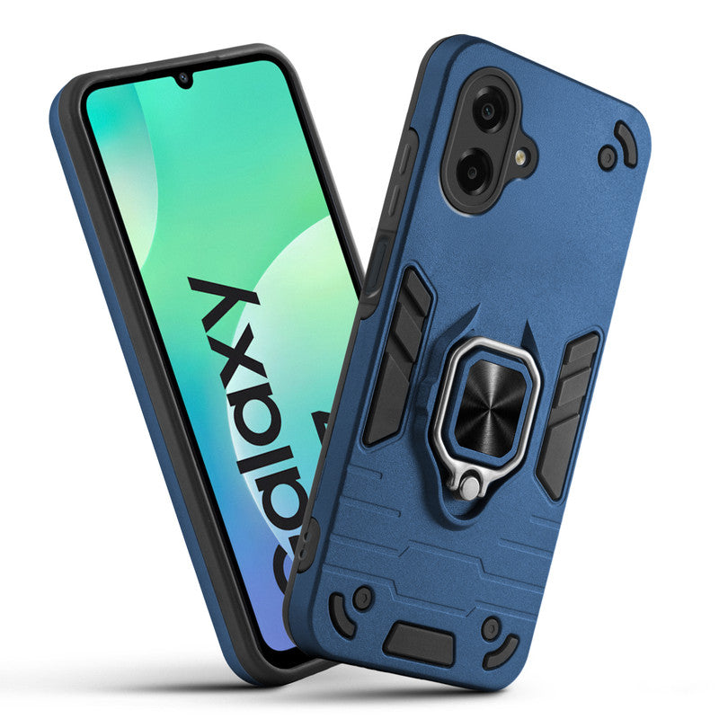 Front and back view of Samsung M07 fitted with a protective case and ring grip