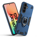 Front and back view of Samsung M47 5G fitted with a protective case and ring grip