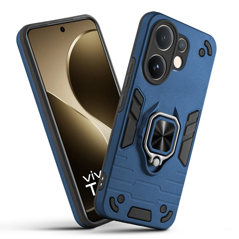 Front and back view of  Vivo T4 Pro 5G fitted with a protective case and ring grip