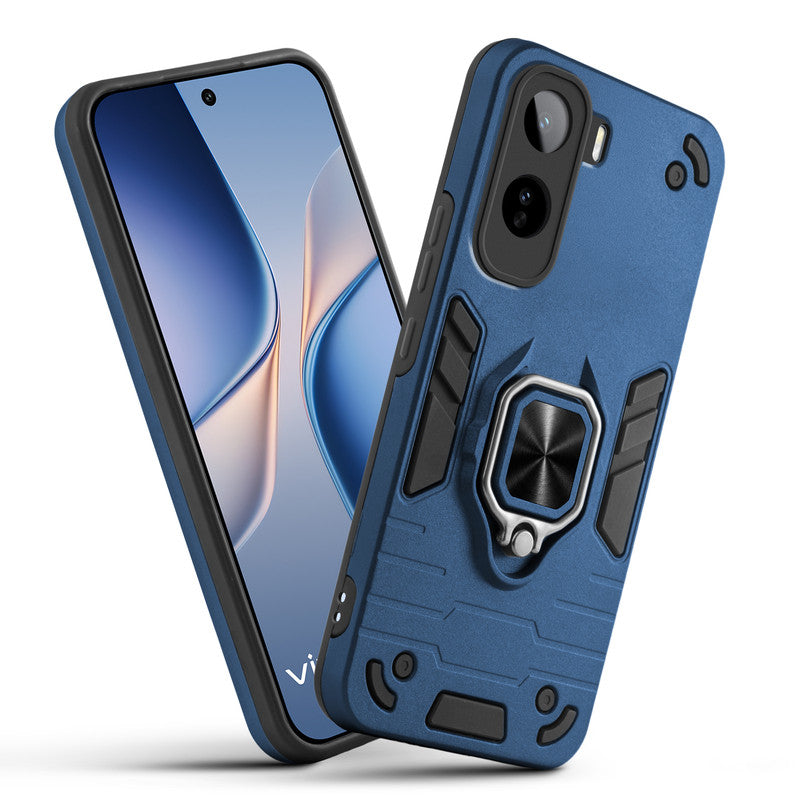 Front and back view of Vivo T5 Pro 5G fitted with a protective case and ring grip