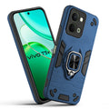 Front and back view of Vivo T5x 5G fitted with a protective case and ring grip