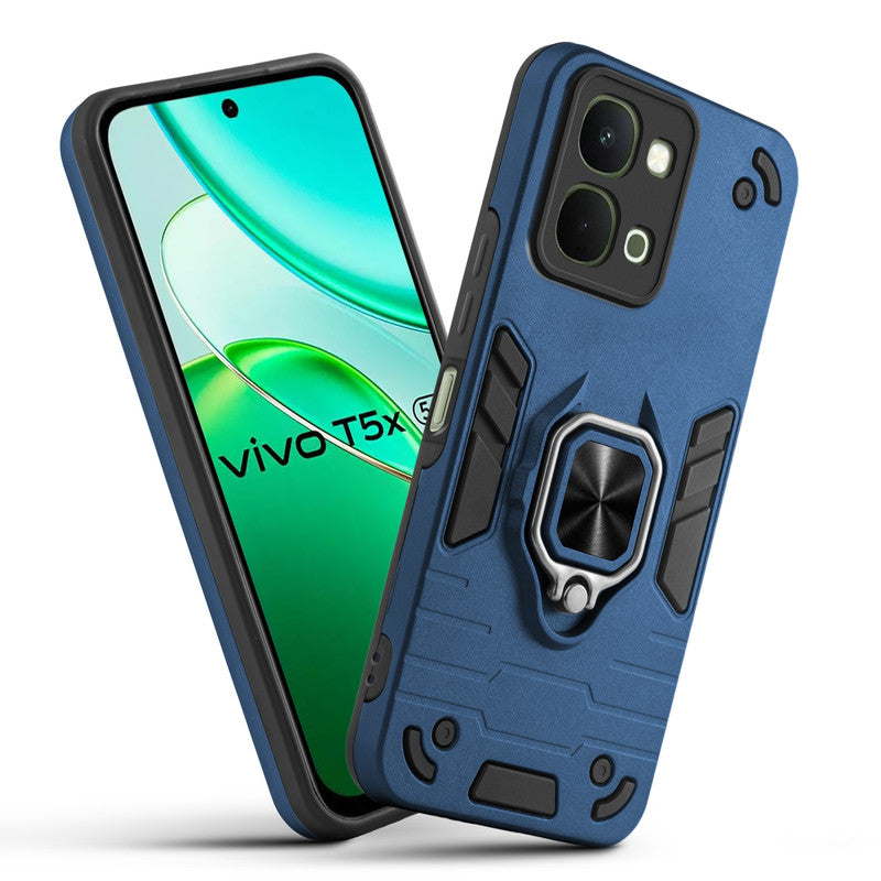 Front and back view of Vivo T5x 5G fitted with a protective case and ring grip