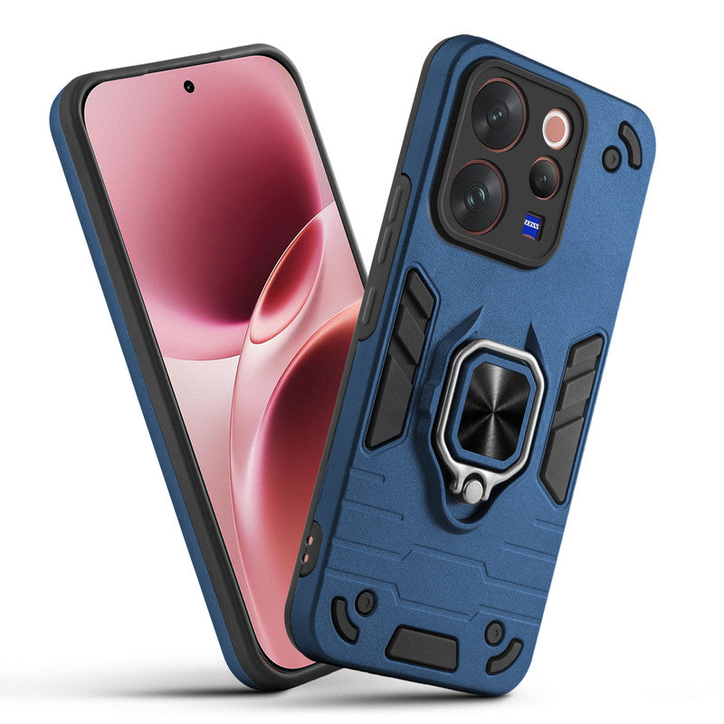 Front and back view of Vivo V70 5G fitted with a protective case and ring grip