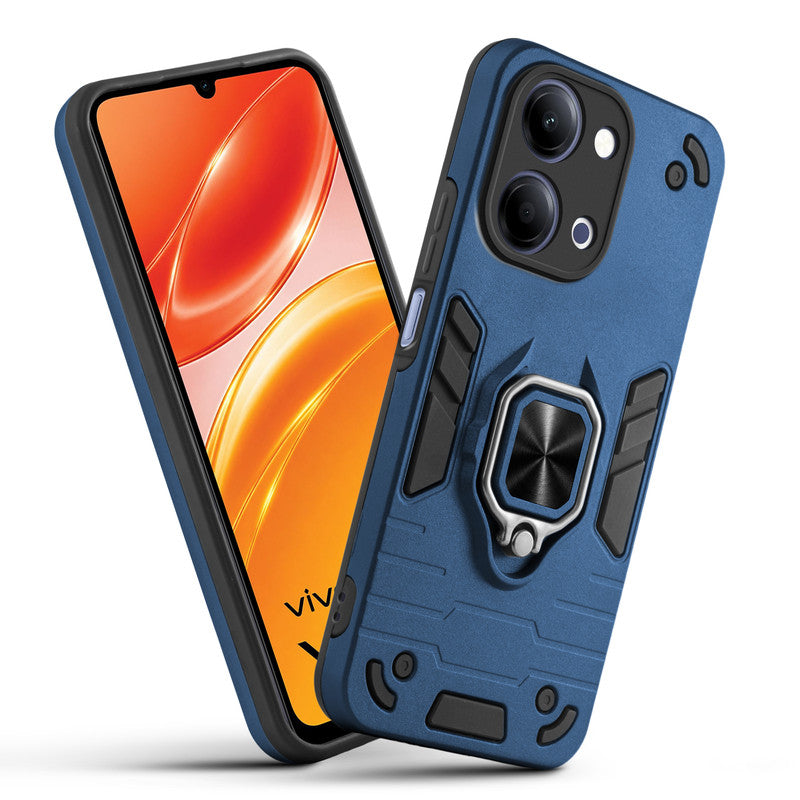 Front and back view of Vivo Y21 5G fitted with a protective case and ring grip