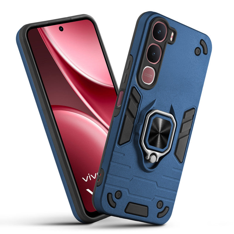 Front and back view of Vivo Y31 5G fitted with a protective case and ring grip