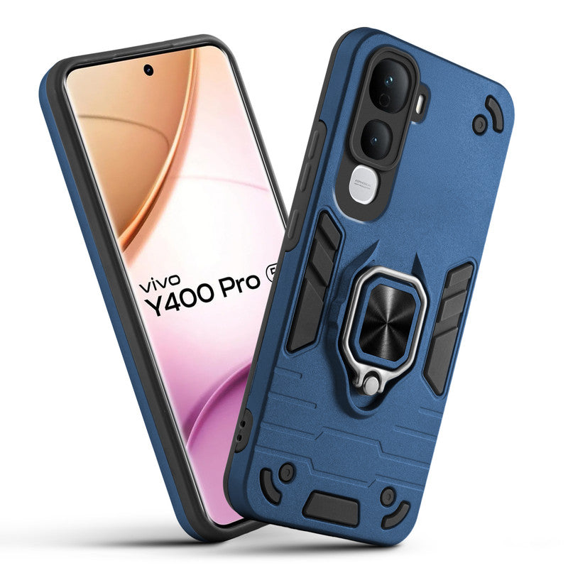 Front and back view of Vivo Y400 Pro 5G fitted with a protective case and ring grip