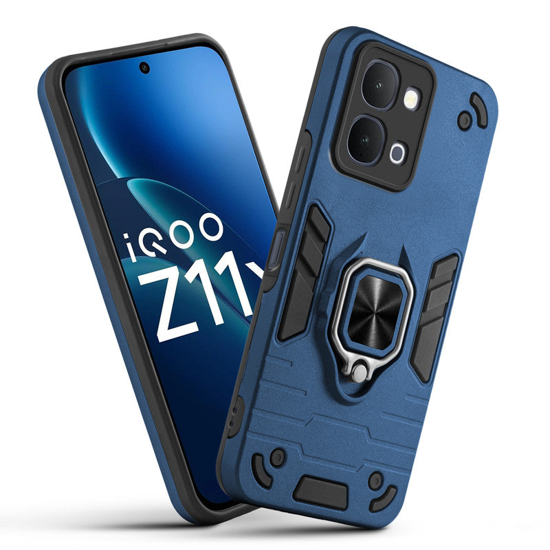 Front and back view of iQOO Z11x 5G fitted with a protective case and ring grip