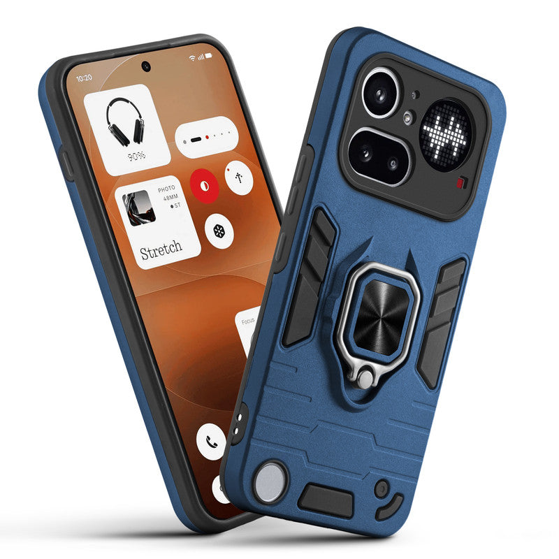 Front and back view of Nothing Phone 4A Pro 5G fitted with a protective case and ring grip
