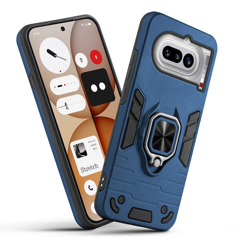 Front and back view of Nothing Phone 4A 5G fitted with a protective case and ring grip