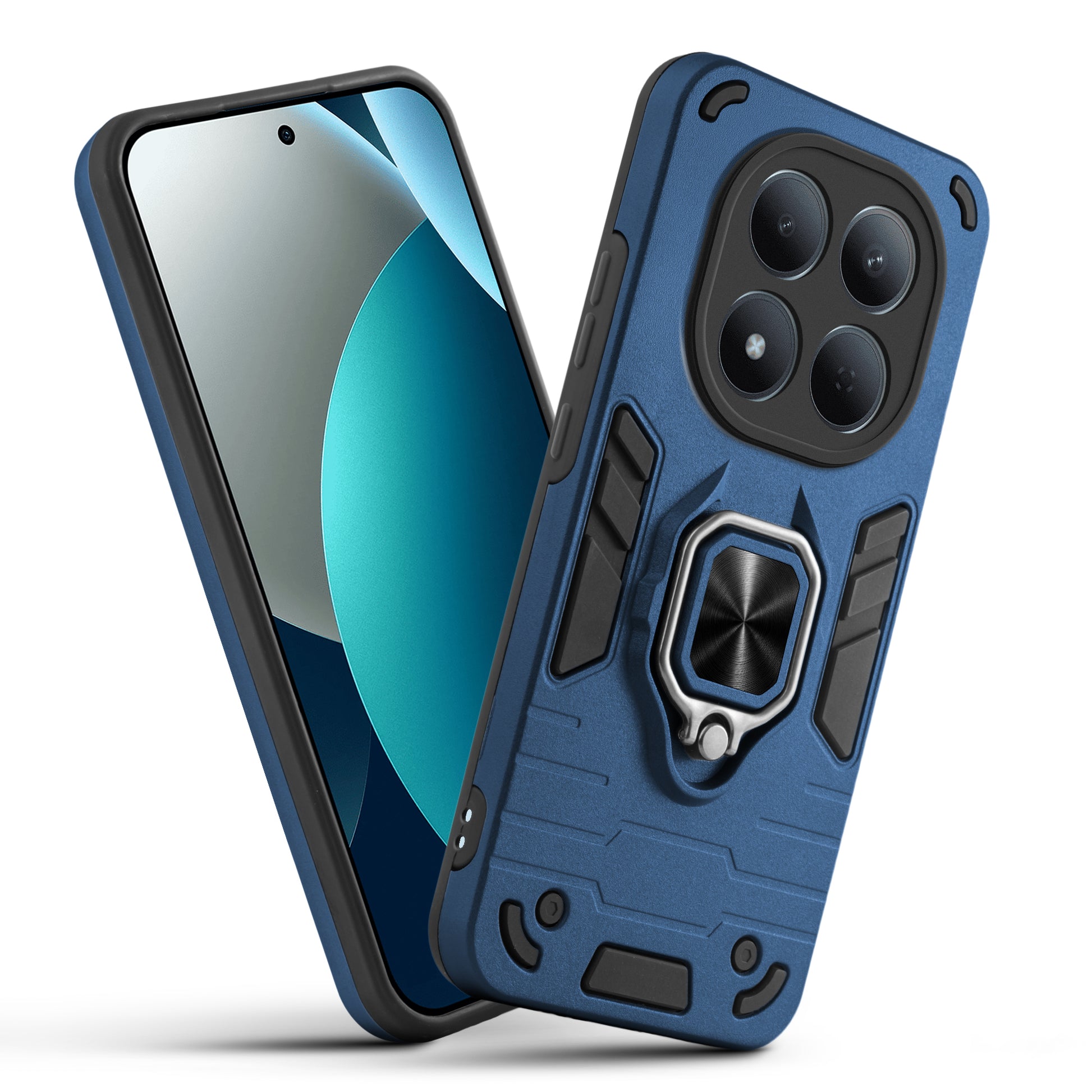 Front and back view of Redmi Note 15 Pro 5G fitted with a protective case and ring grip