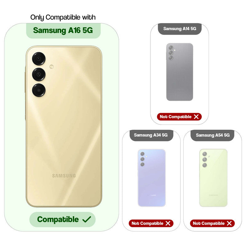 Compatibility comparison image showing Samsung A16 5G supported, while other models are not compatible.