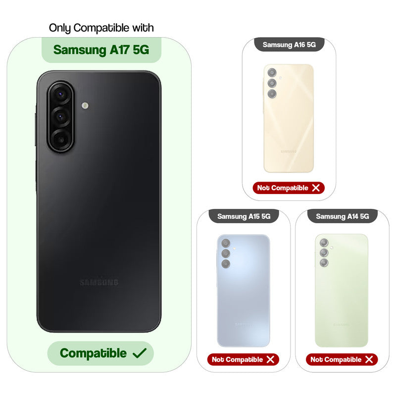 Compatibility guide showing the back cover designed only for Samsung A17 5G.