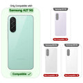 Clear hard back case compatibility guide showing fit for Samsung A27 5G and not compatible with other models