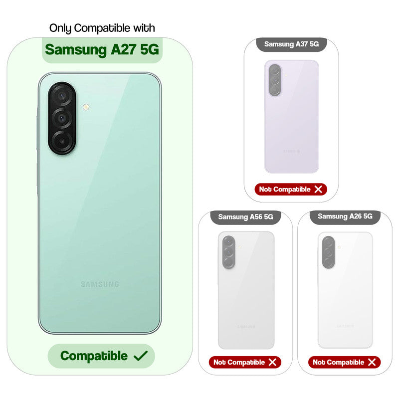 Clear hard back case compatibility guide showing fit for Samsung A27 5G and not compatible with other models