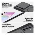 Black Phone case for Samsung A35 5G highlighting raised camera protection, anti-slip texture, and responsive side buttons
