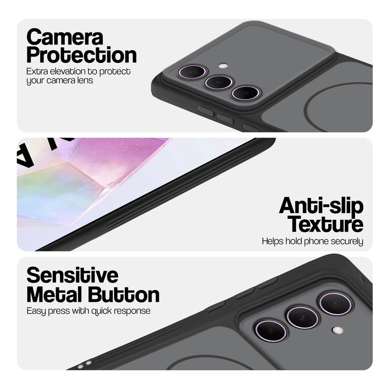 Black Phone case for Samsung A35 5G highlighting raised camera protection, anti-slip texture, and responsive side buttons