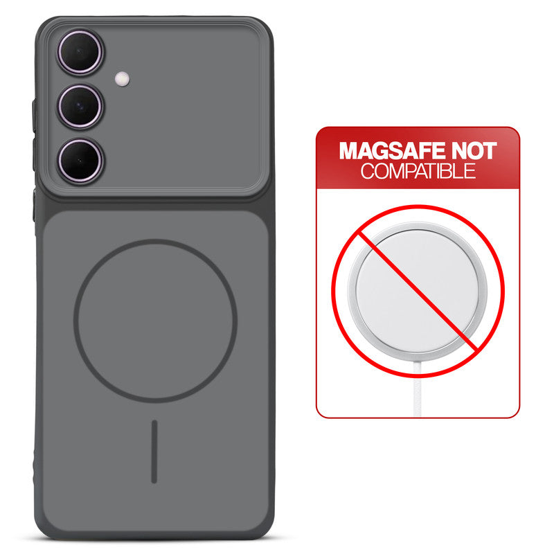 Dual tone silicone Black phone cover for Samsung A35 5G showing wireless charging not supported notice