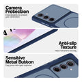 Blue Phone case for Samsung A35 5G highlighting raised camera protection, anti-slip texture, and responsive side buttons