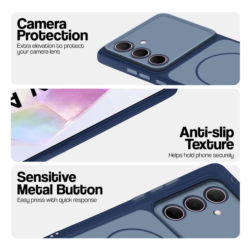 Blue Phone case for Samsung A35 5G highlighting raised camera protection, anti-slip texture, and responsive side buttons