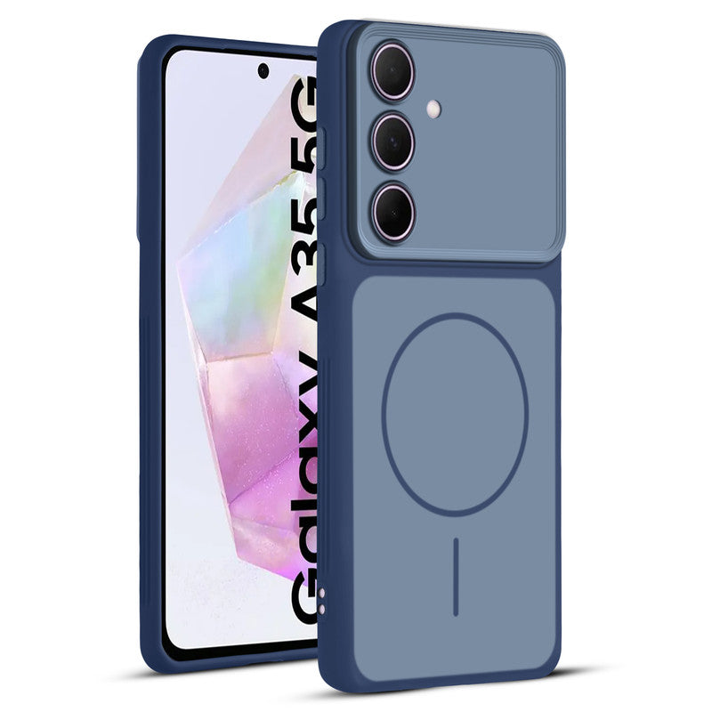 Full protective dual tone Blue silicone case for Samsung A35 5G showing front and back design coverage