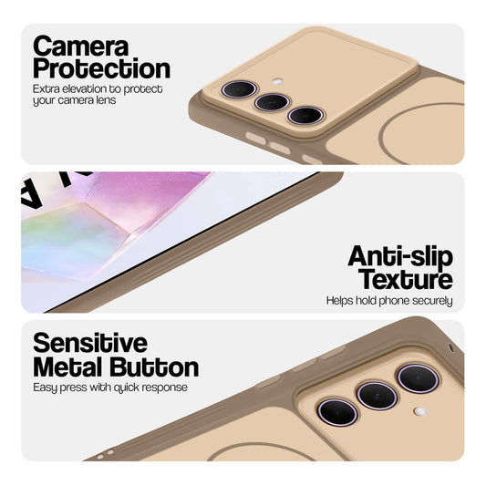 Brown Phone case for Samsung A35 5G highlighting raised camera protection, anti-slip texture, and responsive side buttons